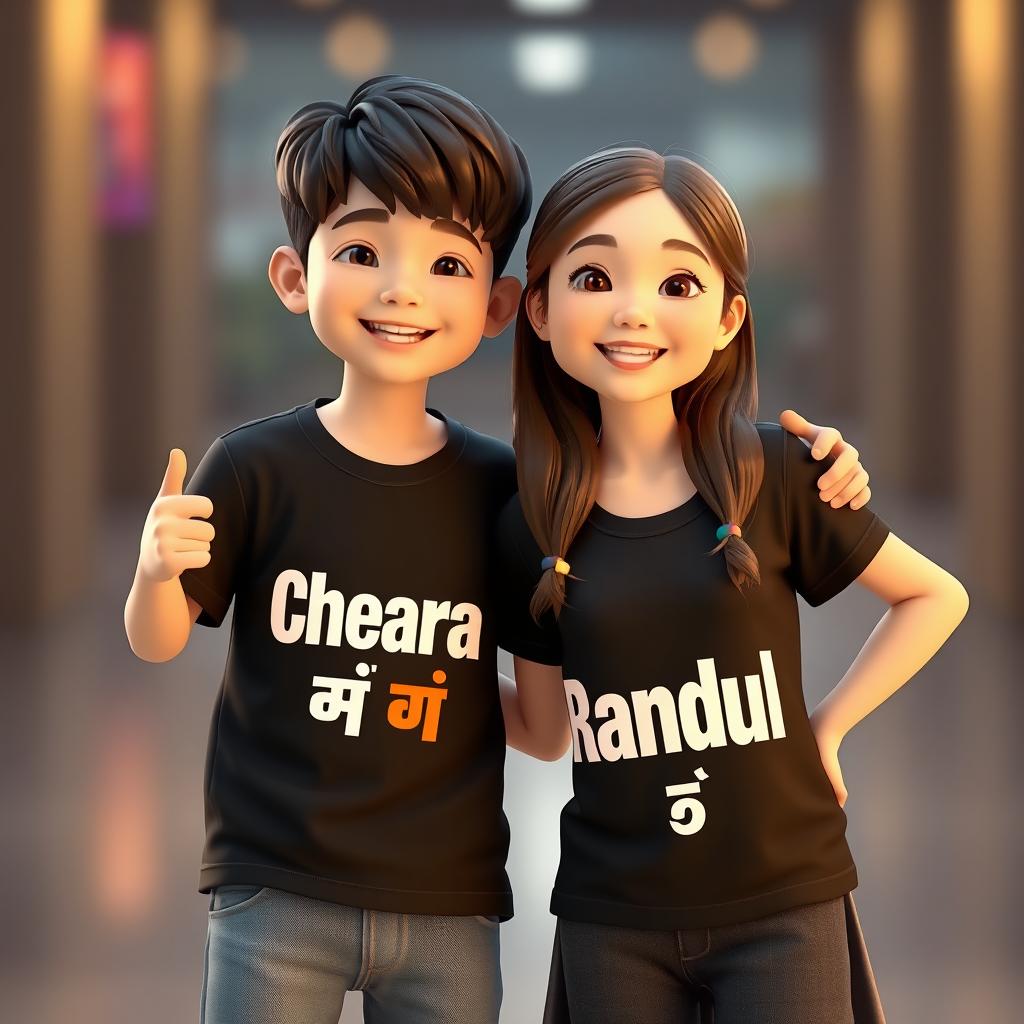 A boy and a girl standing together in a playful and friendly pose