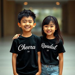 A boy and a girl standing together in a cheerful and endearing pose