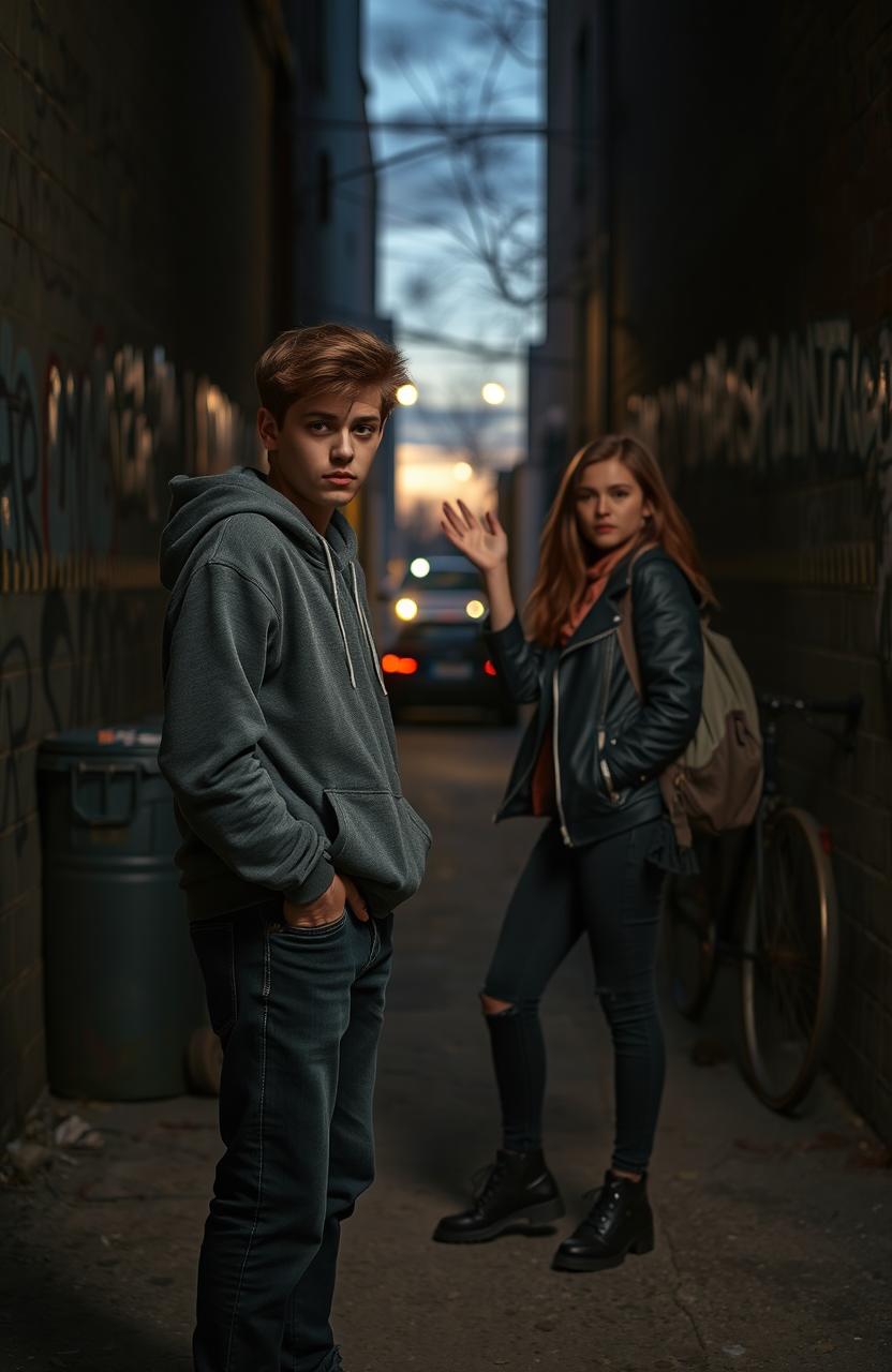 A high school student standing at the entrance of a dark alley, looking conflicted