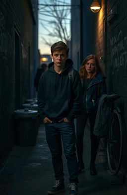 A high school student standing at the entrance of a dark alley, looking conflicted