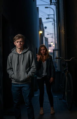 A high school student standing at the entrance of a dark alley, looking conflicted