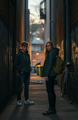A high school student standing at the entrance of a dark alley, looking conflicted