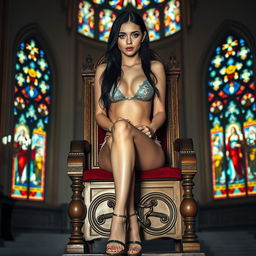 A full-length photograph featuring a stunning 19-year-old woman with pale skin and long black hair