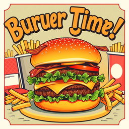 A vibrant and colorful retro poster celebrating a delicious burger