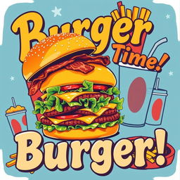 A vibrant and colorful retro poster celebrating a delicious burger