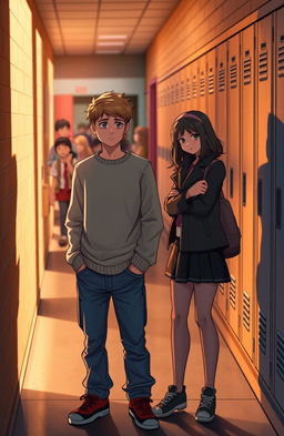 A high school scene depicting a teenage boy standing at the entrance of a narrow alleyway, looking hesitant