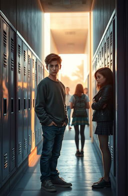 A high school scene depicting a teenage boy standing at the entrance of a narrow alleyway, looking hesitant