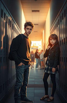 A high school scene depicting a teenage boy standing at the entrance of a narrow alleyway, looking hesitant