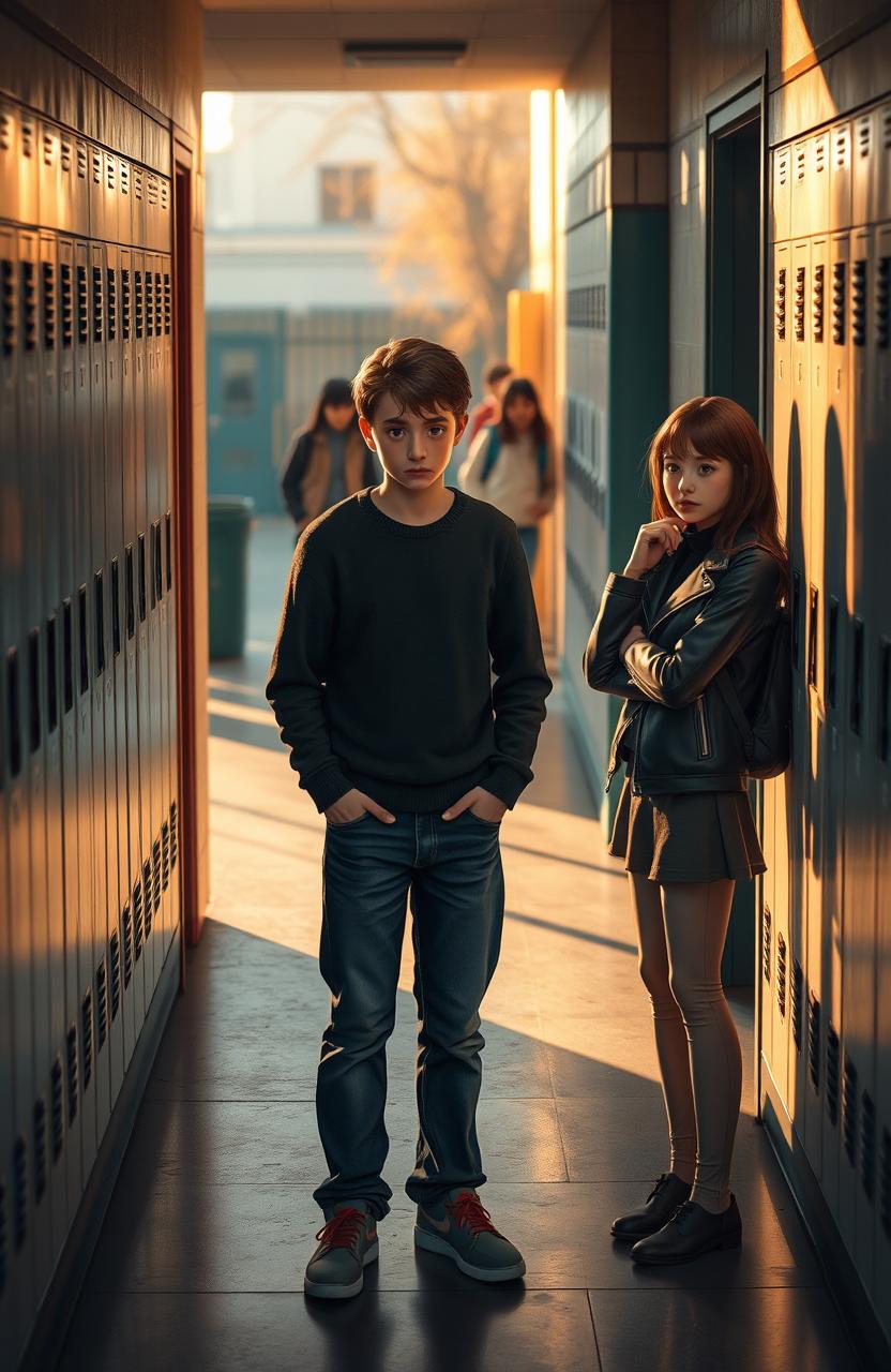 A high school scene depicting a teenage boy standing at the entrance of a narrow alleyway, looking hesitant