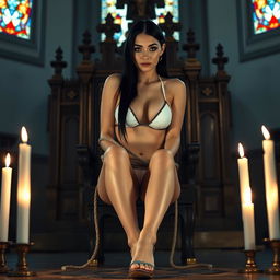 A full-length photograph featuring a stunning 19-year-old woman with pale skin and long black hair, sitting tied up with thick rope to an ornate chair in front of the altar of a Catholic Church