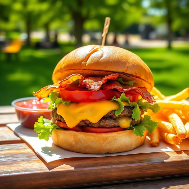 A mouthwatering gourmet burger topped with fresh lettuce, juicy tomato slices, crispy bacon, and melted cheddar cheese, served on a toasted brioche bun