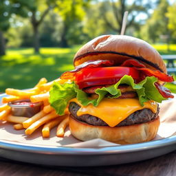 A mouthwatering gourmet burger topped with fresh lettuce, juicy tomato slices, crispy bacon, and melted cheddar cheese, served on a toasted brioche bun