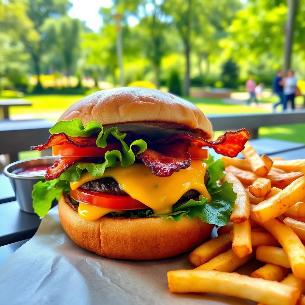 A mouthwatering gourmet burger topped with fresh lettuce, juicy tomato slices, crispy bacon, and melted cheddar cheese, served on a toasted brioche bun