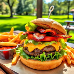 A mouthwatering gourmet burger topped with fresh lettuce, juicy tomato slices, crispy bacon, and melted cheddar cheese, served on a toasted brioche bun