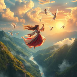 A beautiful scene depicting the Chinese mythology Weaver Girl descending gracefully from the heavens, surrounded by her playful celestial friends