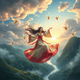 A beautiful scene depicting the Chinese mythology Weaver Girl descending gracefully from the heavens, surrounded by her playful celestial friends