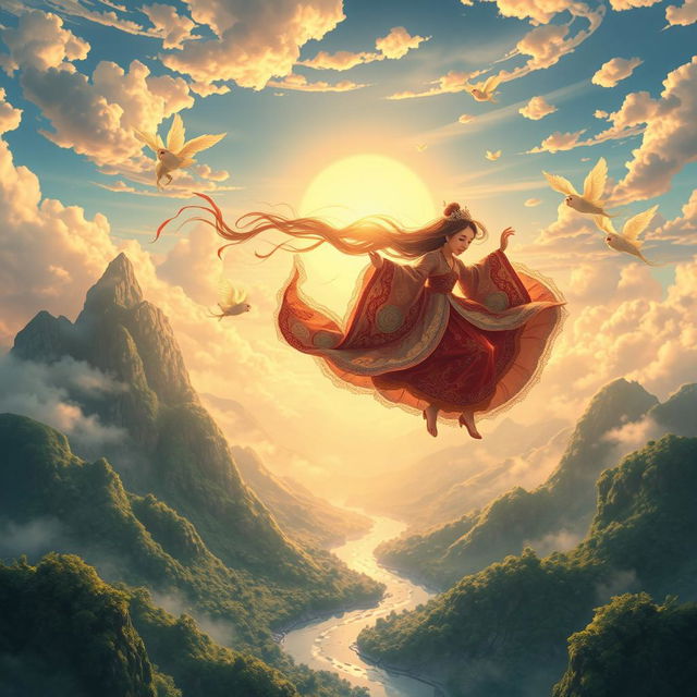 A beautiful scene depicting the Chinese mythology Weaver Girl descending gracefully from the heavens, surrounded by her playful celestial friends