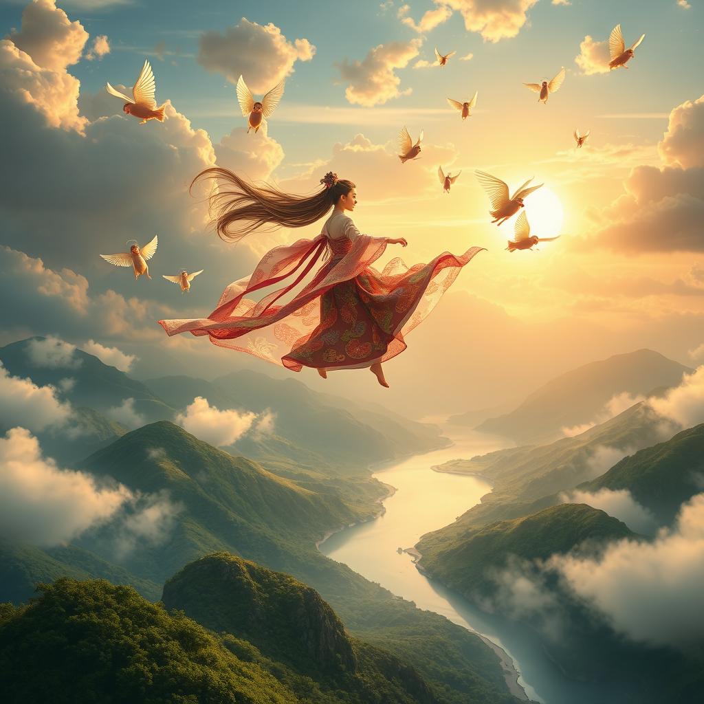 A beautiful scene depicting the Chinese mythology Weaver Girl descending gracefully from the heavens, surrounded by her playful celestial friends