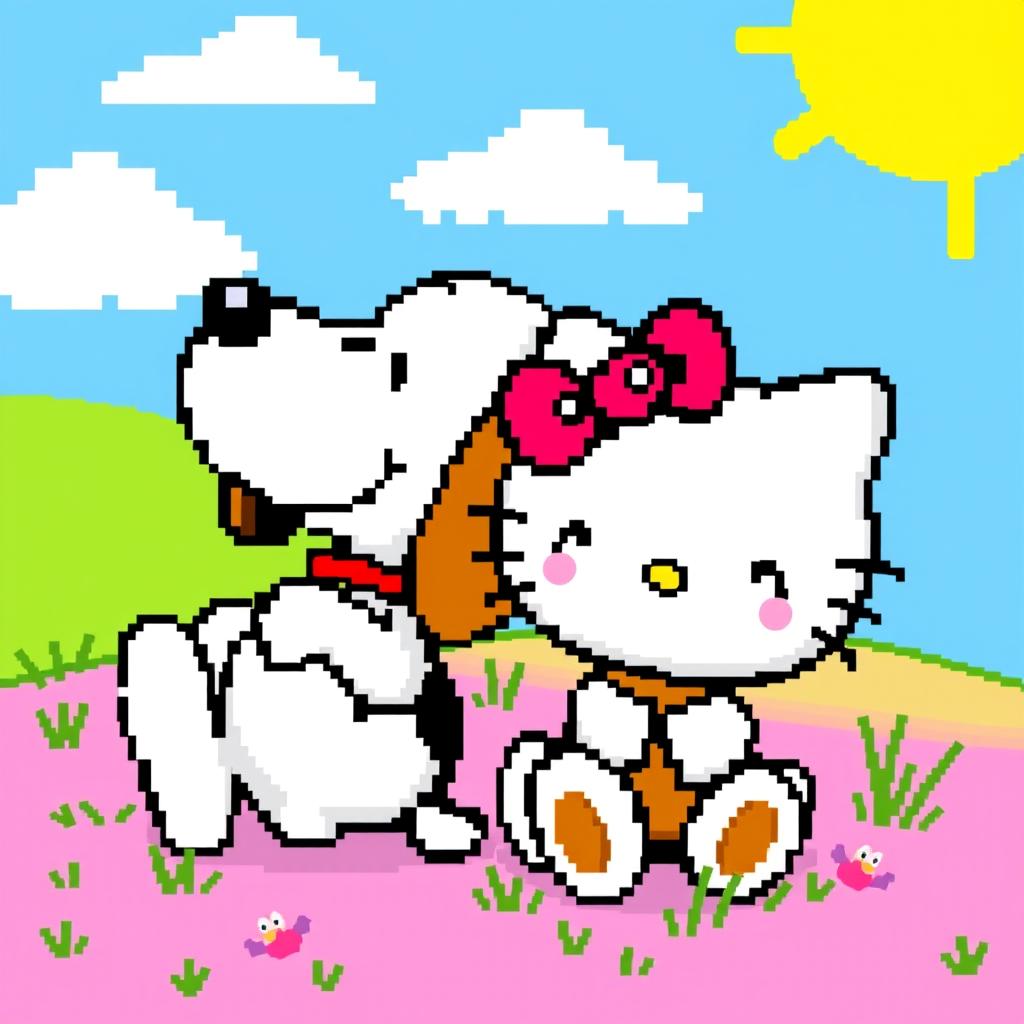 Snoopy and Hello Kitty together, portrayed in a vibrant pixel art style