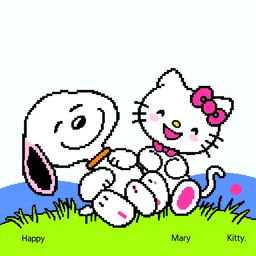 Snoopy and Hello Kitty together, portrayed in a vibrant pixel art style