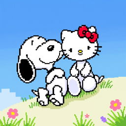 Snoopy and Hello Kitty together, portrayed in a vibrant pixel art style