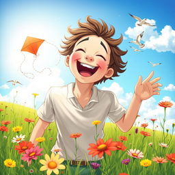 A whimsical and joyful scene of a person experiencing great fun and excitement outdoors
