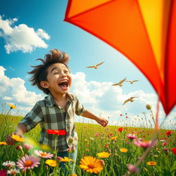 A whimsical and joyful scene of a person experiencing great fun and excitement outdoors