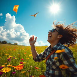 A whimsical and joyful scene of a person experiencing great fun and excitement outdoors