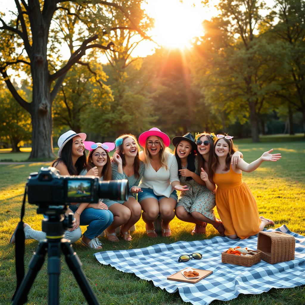 A charming and nostalgic setting capturing a group of friends preparing to take photos to commemorate a fun day together