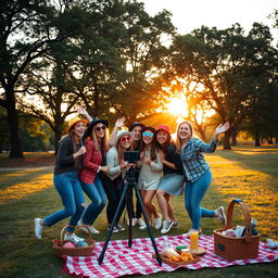 A charming and nostalgic setting capturing a group of friends preparing to take photos to commemorate a fun day together