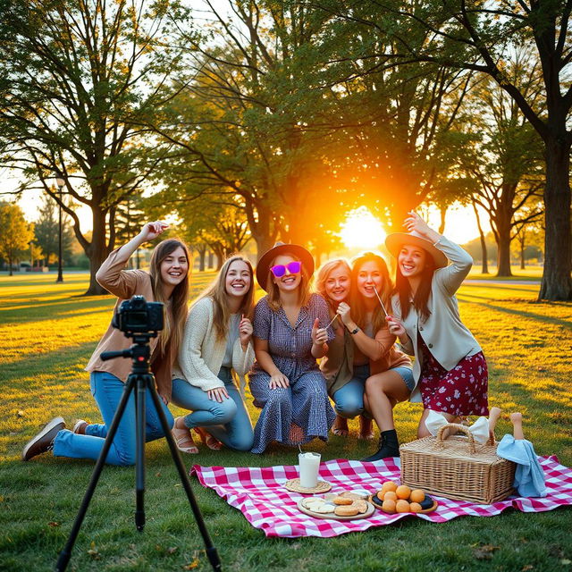 A charming and nostalgic setting capturing a group of friends preparing to take photos to commemorate a fun day together