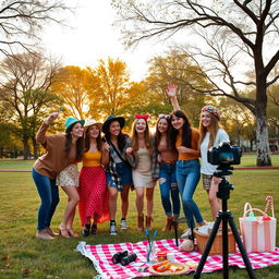 A charming and nostalgic setting capturing a group of friends preparing to take photos to commemorate a fun day together