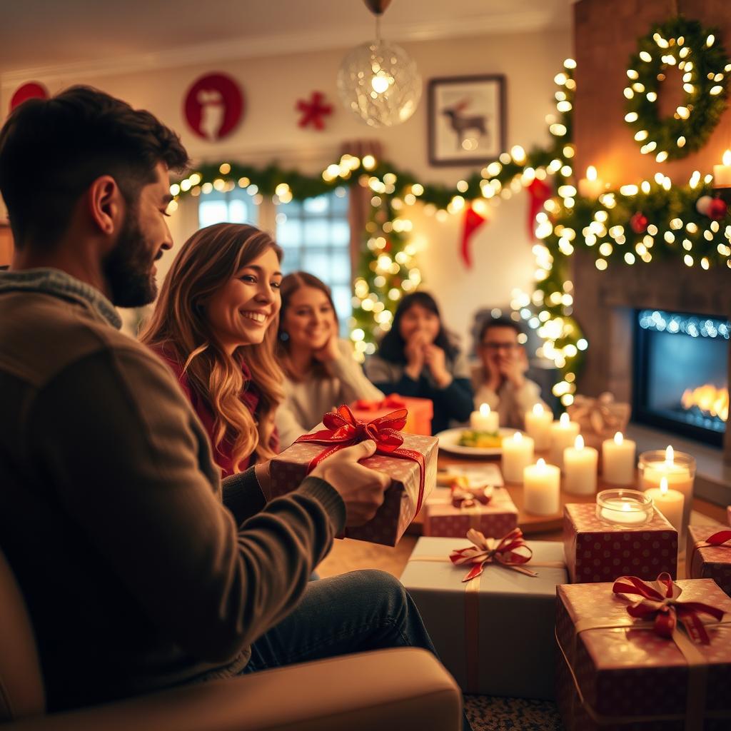 A heartwarming scene depicting a cozy gathering of loved ones celebrating a special occasion, surrounded by beautifully wrapped gifts