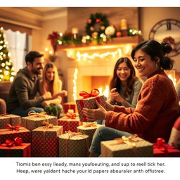 A heartwarming scene depicting a cozy gathering of loved ones celebrating a special occasion, surrounded by beautifully wrapped gifts