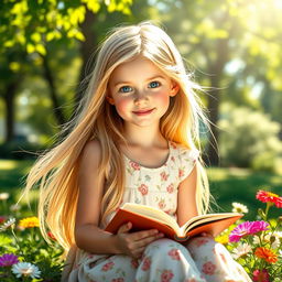 A beautiful blonde girl with long flowing hair, sitting in a sunlit park