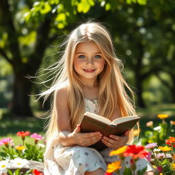 A beautiful blonde girl with long flowing hair, sitting in a sunlit park