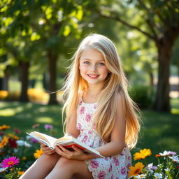 A beautiful blonde girl with long flowing hair, sitting in a sunlit park