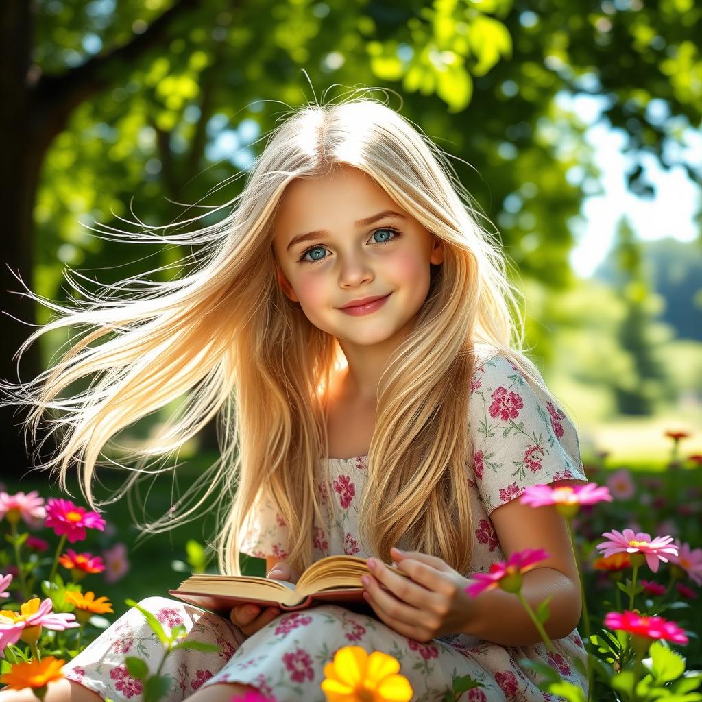 A beautiful blonde girl with long flowing hair, sitting in a sunlit park