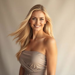 A beautiful blonde woman with long flowing hair, wearing an elegant dress that accentuates her figure, set against a soft, dreamy background