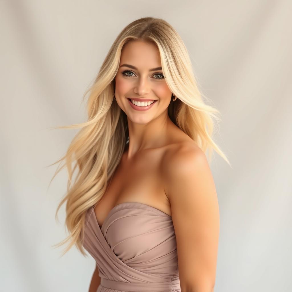 A beautiful blonde woman with long flowing hair, wearing an elegant dress that accentuates her figure, set against a soft, dreamy background