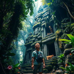 A person exploring an ancient, mysterious temple deep in the jungle, surrounded by dense foliage and exotic wildlife, capturing the sense of adventure and discovery