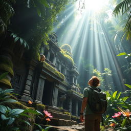 A person exploring an ancient, mysterious temple deep in the jungle, surrounded by dense foliage and exotic wildlife, capturing the sense of adventure and discovery