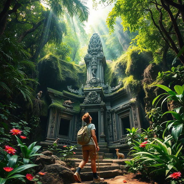 A person exploring an ancient, mysterious temple deep in the jungle, surrounded by dense foliage and exotic wildlife, capturing the sense of adventure and discovery