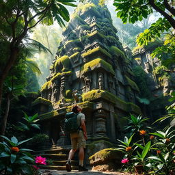 A person exploring an ancient, mysterious temple deep in the jungle, surrounded by dense foliage and exotic wildlife, capturing the sense of adventure and discovery