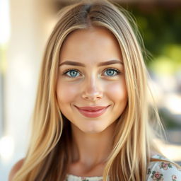 A close-up portrait of a young, attractive woman with long flowing blonde hair and captivating blue eyes
