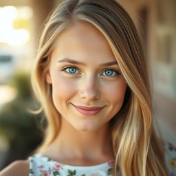 A close-up portrait of a young, attractive woman with long flowing blonde hair and captivating blue eyes