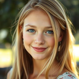 A close-up portrait of a young, attractive woman with long flowing blonde hair and captivating blue eyes