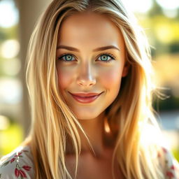 A close-up portrait of a young, attractive woman with long flowing blonde hair and captivating blue eyes