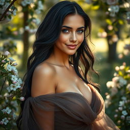 A stunning woman with deep black hair and striking blue eyes