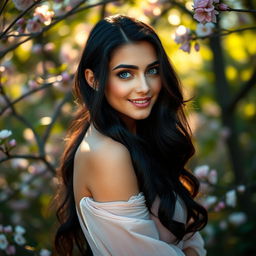 A stunning woman with deep black hair and striking blue eyes